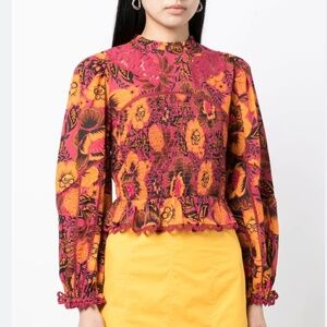 NWT FARM Rio Garden Bloom floral-motif Long Sleeve Smocked Blouse SIZE M